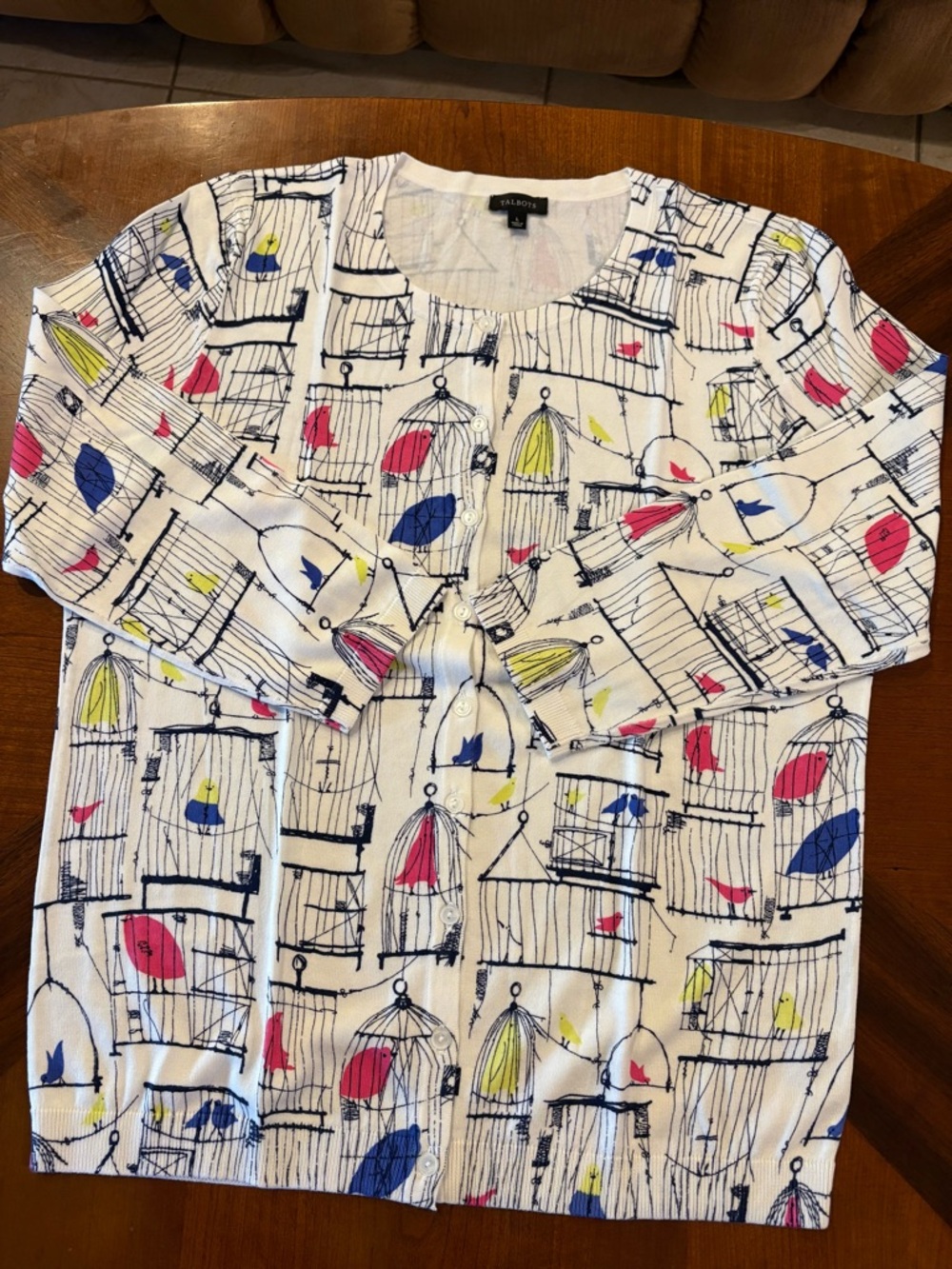 Talbots Women’s White Cardigan with Navy Birdcage & Multicolor Birds